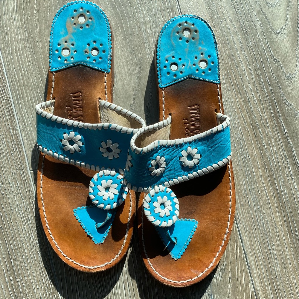 Steven Salario blue and white sandals.